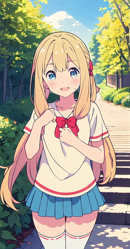 (masterpiece, best quality:1.4),looking at viewer,cowboy shot,smile,blush,eriri spencer sawamura,blonde hair,long hair,twintails,ribbon,blue eyes,small breasts,,short sleeves,pleated skirt,thighhighs,outdoors,nature,tree,path,river,