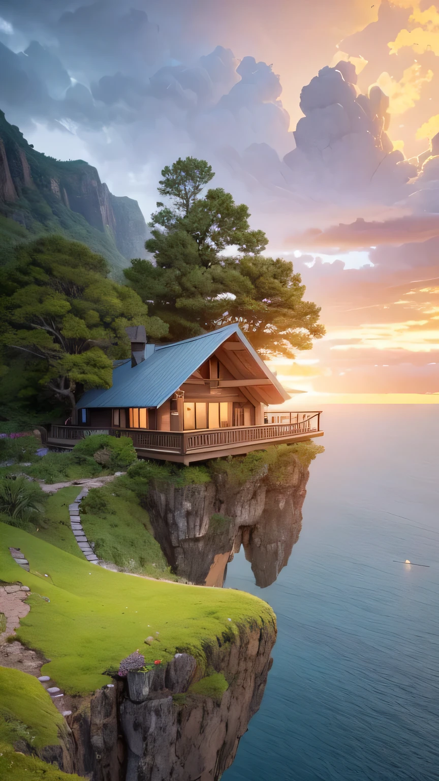 lovely a - frame home sits atop a broad cliff, overlooking the entirety of the blue sky, digital painting by greg rutkowski and gaston bussiere, zbrush, cgsociety contest winner, comprehensive art, intricate, landscape photography, brightly radiant atmosphere, overcast sky, homogeneous to hawaii, 4 k, 8 k