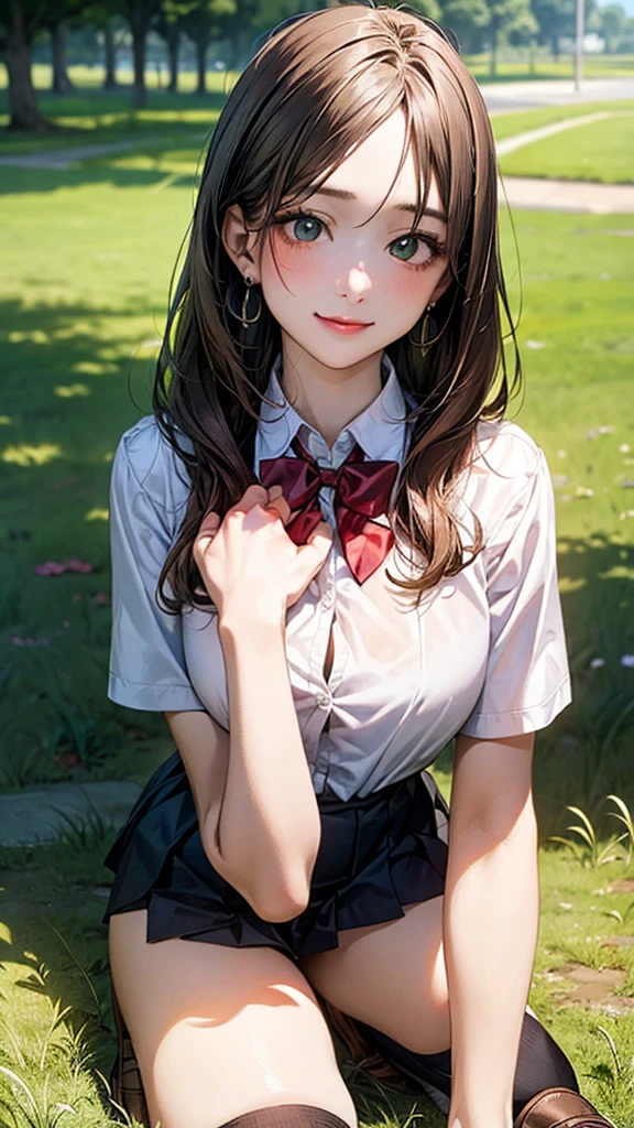 (masterpiece:1.2, top-quality), (realistic, photorealistic:1.4), beautiful illustration, (natural side lighting, movie lighting),
looking at viewer, cowboy shot, front view:0.6, 1 girl, japanese, high school girl, perfect face, cute and symmetrical face, shiny skin,
(long hair:1.8, straight hair:1.7, light brown hair), parted bangs, emerald green eyes, long eye lasher, (large breasts:0.9, thick thighs),
beautiful hair, beautiful face, beautiful detailed eyes, beautiful clavicle, beautiful body, beautiful chest, beautiful thigh, beautiful legs, beautiful fingers,
((, white collared shirts, black pleated mini skirt, black socks, brown loafers, red bow tie)), break, hoop ring earrings, pink panties, dark blue school bag, violet cardigan, break,
(beautiful scenery), evening, riverside, walking, hands on chest, (lovely smile, upper eyes), A masterpiece, top quality, highest definition, 32K, one big dog, one beautiful woman. Platinum blonde, straight hair in one length. Slit eyes, green eyes, model like, beautiful,
shirt, mini tight skirt. On all fours in a grassy field, a dog hugs the woman's back.
Woman's face, bright red, flushed,One large dog on all fours, a girl, on all fours in a grassy meadow, the dog is holding the woman from behind, close to her waist, and mating with her.
The woman's face is bright red and flushed with embarrassment.