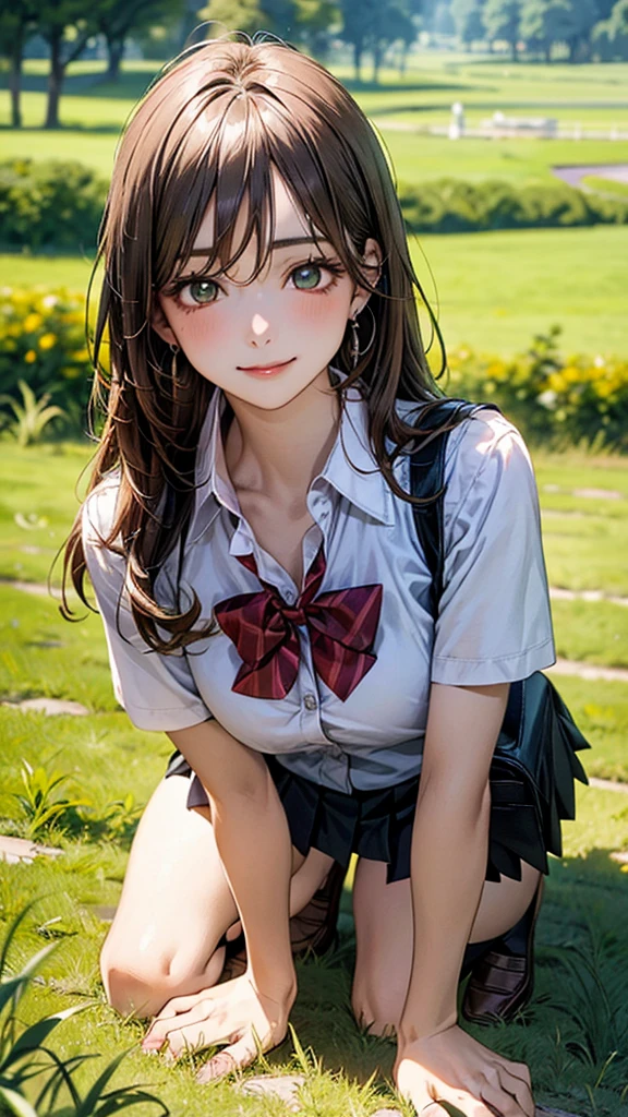 (masterpiece:1.2, top-quality), (realistic, photorealistic:1.4), beautiful illustration, (natural side lighting, movie lighting),
looking at viewer, cowboy shot, front view:0.6, 1 girl, japanese, high school girl, perfect face, cute and symmetrical face, shiny skin,
(long hair:1.8, straight hair:1.7, light brown hair), parted bangs, emerald green eyes, long eye lasher, (large breasts:0.9, thick thighs),
beautiful hair, beautiful face, beautiful detailed eyes, beautiful clavicle, beautiful body, beautiful chest, beautiful thigh, beautiful legs, beautiful fingers,
((, white collared shirts, black pleated mini skirt, black socks, brown loafers, red bow tie)), break, hoop ring earrings, pink panties, dark blue school bag, violet cardigan, break,
(beautiful scenery), evening, riverside, walking, hands on chest, (lovely smile, upper eyes), A masterpiece, top quality, highest definition, 32K, one big dog, one beautiful woman. Platinum blonde, straight hair in one length. Slit eyes, green eyes, model like, beautiful,
shirt, mini tight skirt. On all fours in a grassy field, a dog hugs the woman's back.
Woman's face, bright red, flushed,One large dog on all fours, a girl, on all fours in a grassy meadow, the dog is holding the woman from behind, close to her waist, and mating with her.
The woman's face is bright red and flushed with embarrassment.