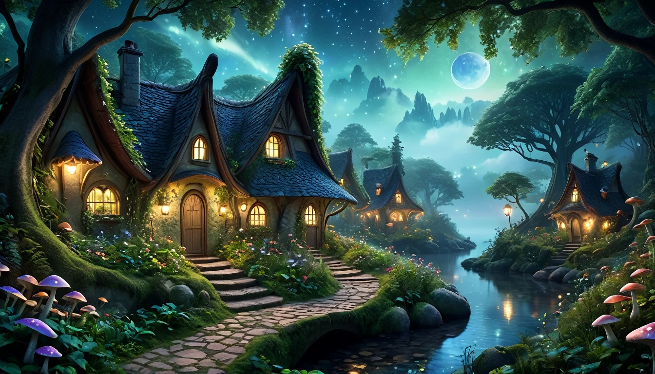 (best quality, 4k, 8k, highres, masterpiece:1.2), ultra-detailed, (realistic, photorealistic, photo-realistic:1.37), a charming fairy village at night, in the middle of a dense forest, enchanted forest, glowing mushrooms, whimsical treehouses, lush greenery, sparkling waterfalls, fairy lights, dainty flowers, serene atmosphere, fairy dust, ethereal beings, peaceful lakeside, cobblestone pathways, celestial stars, stunning architecture, mystical fog, harmonious colors, surreal ambiance, fairytale-like cottages, whispering winds, dream-like, imagination, tranquil haven, nocturnal magic, dense foliage, thick trees, overgrown vegetation, secluded, deep woods, night, overcast sky, thick clouds covering the sky