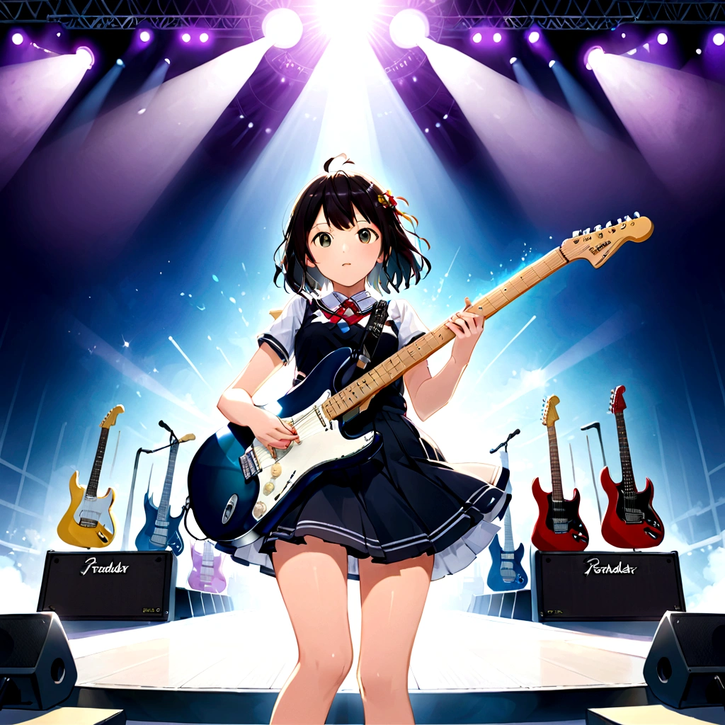 Kyoto Animation、6 strings、There are six pegs、high school girl、Electric guitar、Fender Stratocaster、Big Stage、front