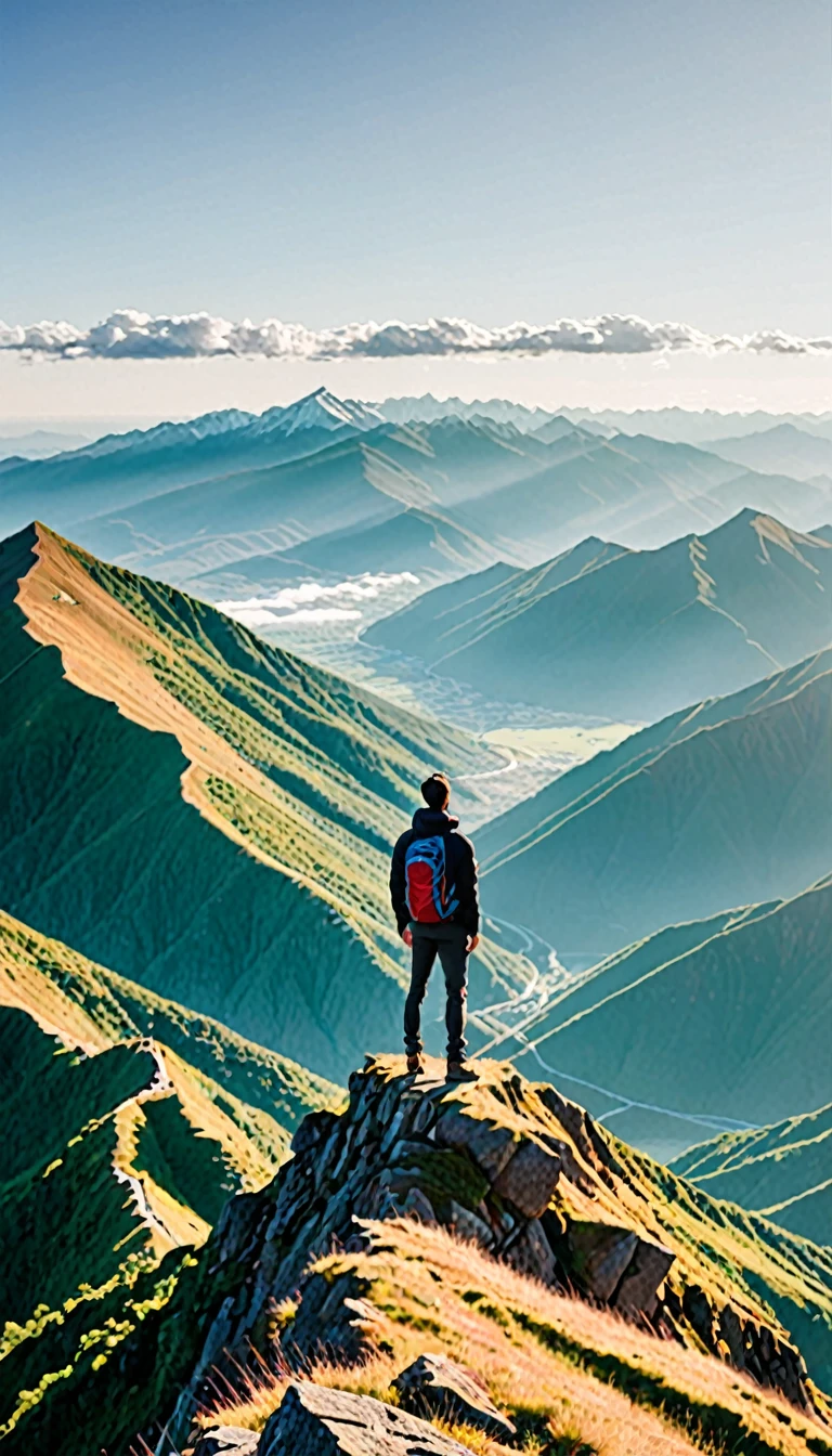 Show a person standing on top of a mountain, gazing at a distant horizon, representing clear goals and vision