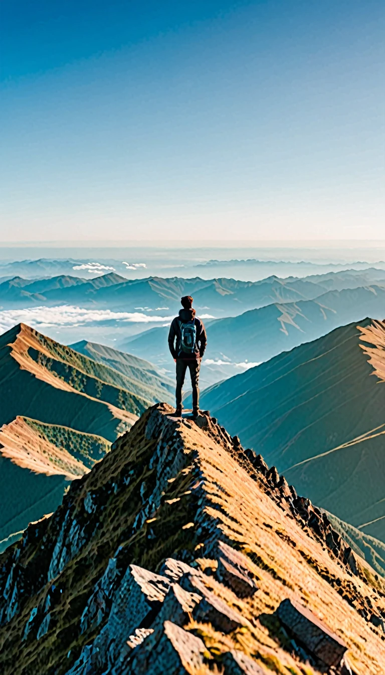 Show a person standing on top of a mountain, gazing at a distant horizon, representing clear goals and vision