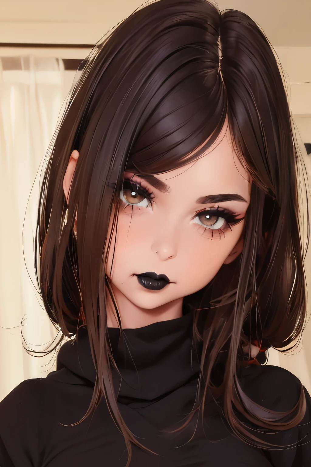 wide hips, (best quality, masterpiece:1.2), (((young girl))), beautiful face, RileyReid, inside a house, ((black oversized sweater, goth girl)), ((heavy makeup)), (((black lipstick))), long nails. black polish nails, (((small breasts))), ((thick tighs)), young sensual gravure idol, (((face))), (tan skin), ((hime haircut)), ((bags under eyes)), ((black eyeshadow)), ((small girl)), ((snappy bangs)), blurred background