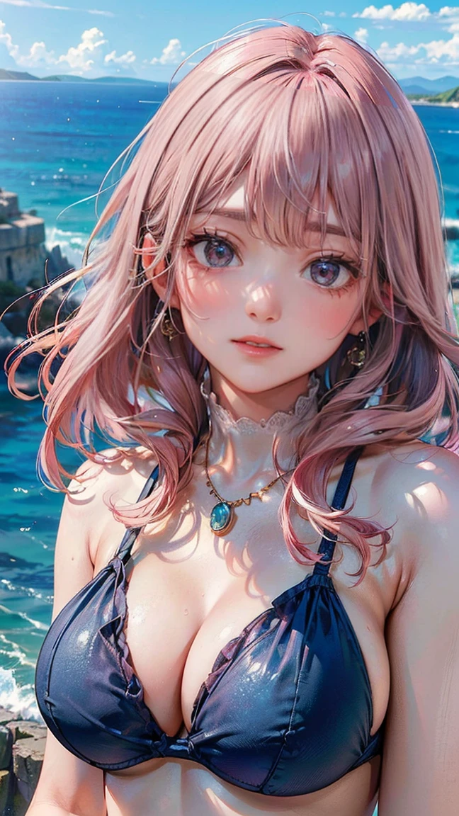 (Masterpiece, BestQuality:1.3), (ultra detailed:1.2), (hyperrealistic:1.3), (RAW photo:1.2), High detail RAW color photo, professional photograph, (Photorealistic:1.4), (realistic:1.4), (Pink Hair:1.5), professional lighting, perfect anatomy, (:1.2), (blush, detailed face), (A happy smile:1.7), Trending Hair&Trending Hairカラーをランダムに, earrings, necklace, bracelet, sexly, erotsexly,  sexy gure poses, (Beiful woman in blue bikini、On top of a cliff with blue sea in the background、Sexy smile、Long straight h fluttering in the wind。:1.3)