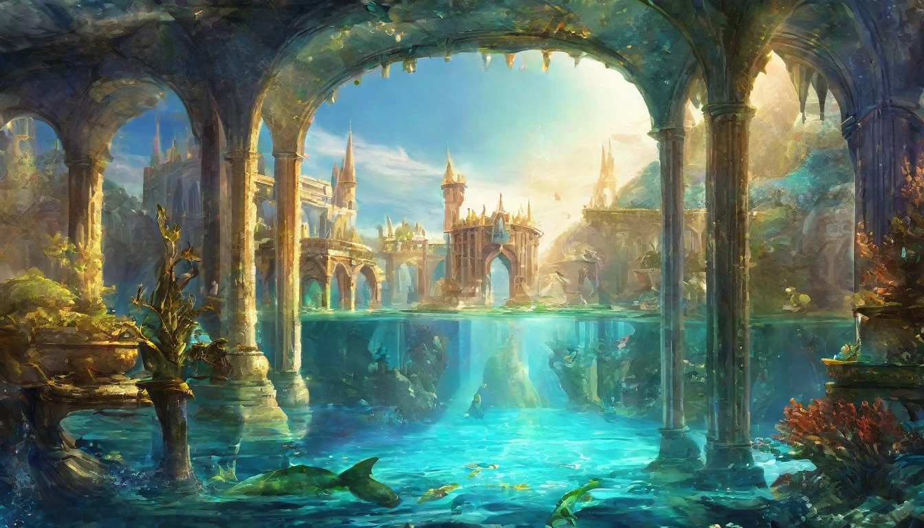 Create a fantasy art of a magnificent underwater castle city interior scene。Crystal clear water flows from the walled city.、A digital illustration that sparkles in the light。The city's buildings consist of magnificent towers and bridges.、The building is decorated with intricate details。The sky is a clear blue、Some fluffy white clouds floating。The flow of water and the city's architecture create a fantastic atmosphere.、Humans are not depicted。