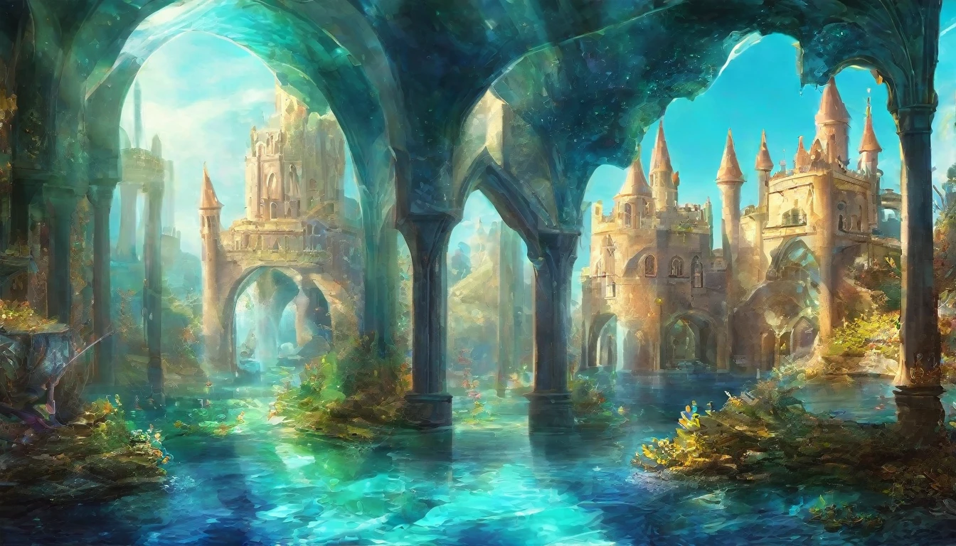 Create a fantasy art of a magnificent underwater castle city interior scene。Crystal clear water flows from the walled city.、A digital illustration that sparkles in the light。The city's buildings consist of magnificent towers and bridges.、The building is decorated with intricate details。The sky is a clear blue、Some fluffy white clouds floating。The flow of water and the city's architecture create a fantastic atmosphere.、Humans are not depicted。