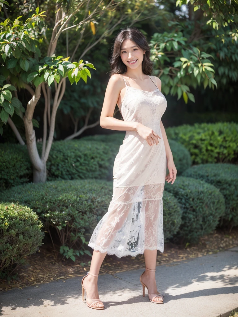 最high quality, 8K, Masseter area, Energetic, Clear focus, high quality, high resolution, Delicate face, Fine particles, thick lips, (Looking at the audience), Solitary, Beautiful woman, 38 years old, Plum, Black long hair,  (Light-colored spaghetti strap lace dress:1.5)，In front of the park garden,（Standing in the park：1.5）、((Smile:1.5))、((Wearing black high heels))，Tall