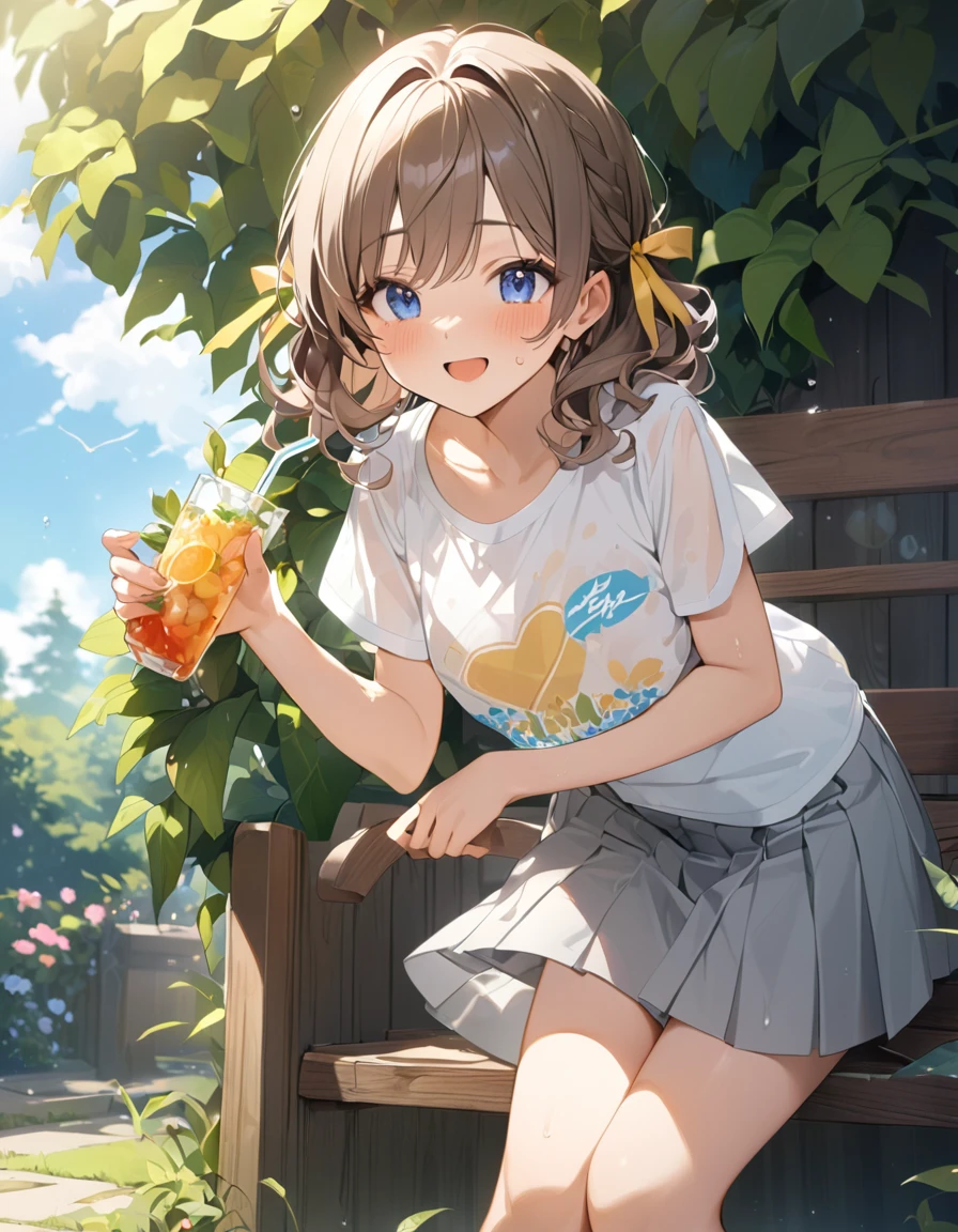 (Highest qualityのイラスト:1.2), (pretty girl:1.1), (1 girl、17 years old、Highest qualityのイラスト:1.2), (1 girl、smile、Small breasts、blue eyes)、Brown Hair、short hair、Wavy Hair、Curly Hair、Low Twintails、(Highest quality、Very detailed、Very detailed and beautiful、Ultra-high resolution) 、,{、White short sleeve shirt、Yellow Ribbon、Grey pleated skirt}、garden、blue sky、summer、Sweat、See-through