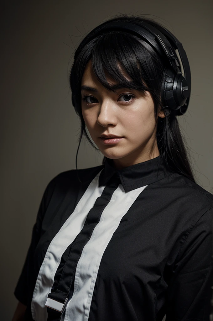 Anime commander, black hair , use headpone , use black shirt , use commander shirt