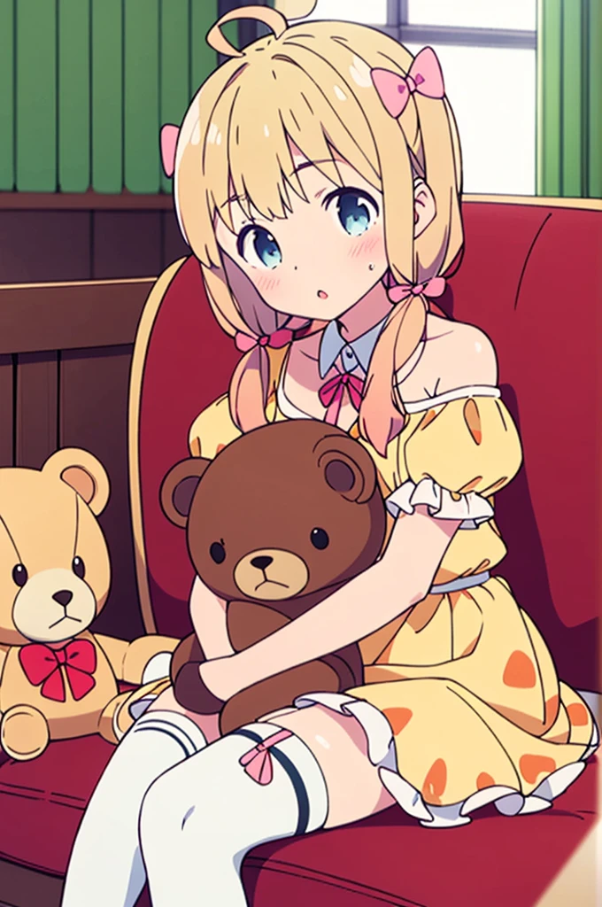 suou momoko, charmy-angle, looking at viewer, blue bow, frills, striped bow, frilled dress, white thighhighs, white dress, long hair, dress bow, 1girl, cross-laced clothes, blue eyes, window, puffy short sleeves, detached sleeves, white gloves, short sleeves, :o, couch, twintails, bow legwear, blonde hair, brown hair, bow print, holding, book, blunt bangs, yellow dress, ahoge, plaid dress, book stack, dutch angle, low twintails, on couch, indoors, stuffed animal, white legwear, off shoulder, white bow, hair bow, short twintails, diagonal-striped bow, parted lips, medium hair, blush, neck ribbon, short hair, blue ribbon, curtains, yellow bow, white collar, object hug, bear print, hair ribbon, bare shoulders, eyebrows visible through hair, frilled legwear, detached collar, orange dress, garter straps, teddy bear, stuffed toy, frilled thighhighs, blurry, sitting, frilled bow, print skirt, bear shaped bag, puffy sleeves