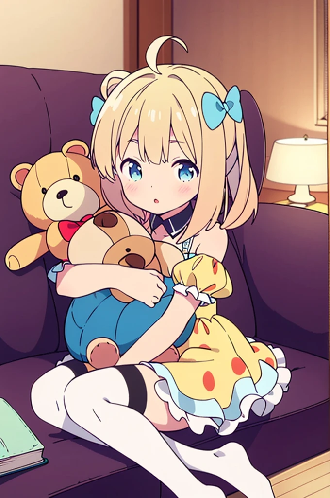 suou momoko, charmy-angle, looking at viewer, blue bow, frills, striped bow, frilled dress, white thighhighs, white dress, long hair, dress bow, 1girl, cross-laced clothes, blue eyes, window, puffy short sleeves, detached sleeves, white gloves, short sleeves, :o, couch, twintails, bow legwear, blonde hair, brown hair, bow print, holding, book, blunt bangs, yellow dress, ahoge, plaid dress, book stack, dutch angle, low twintails, on couch, indoors, stuffed animal, white legwear, off shoulder, white bow, hair bow, short twintails, diagonal-striped bow, parted lips, medium hair, blush, neck ribbon, short hair, blue ribbon, curtains, yellow bow, white collar, object hug, bear print, hair ribbon, bare shoulders, eyebrows visible through hair, frilled legwear, detached collar, orange dress, garter straps, teddy bear, stuffed toy, frilled thighhighs, blurry, sitting, frilled bow, print skirt, bear shaped bag, puffy sleeves