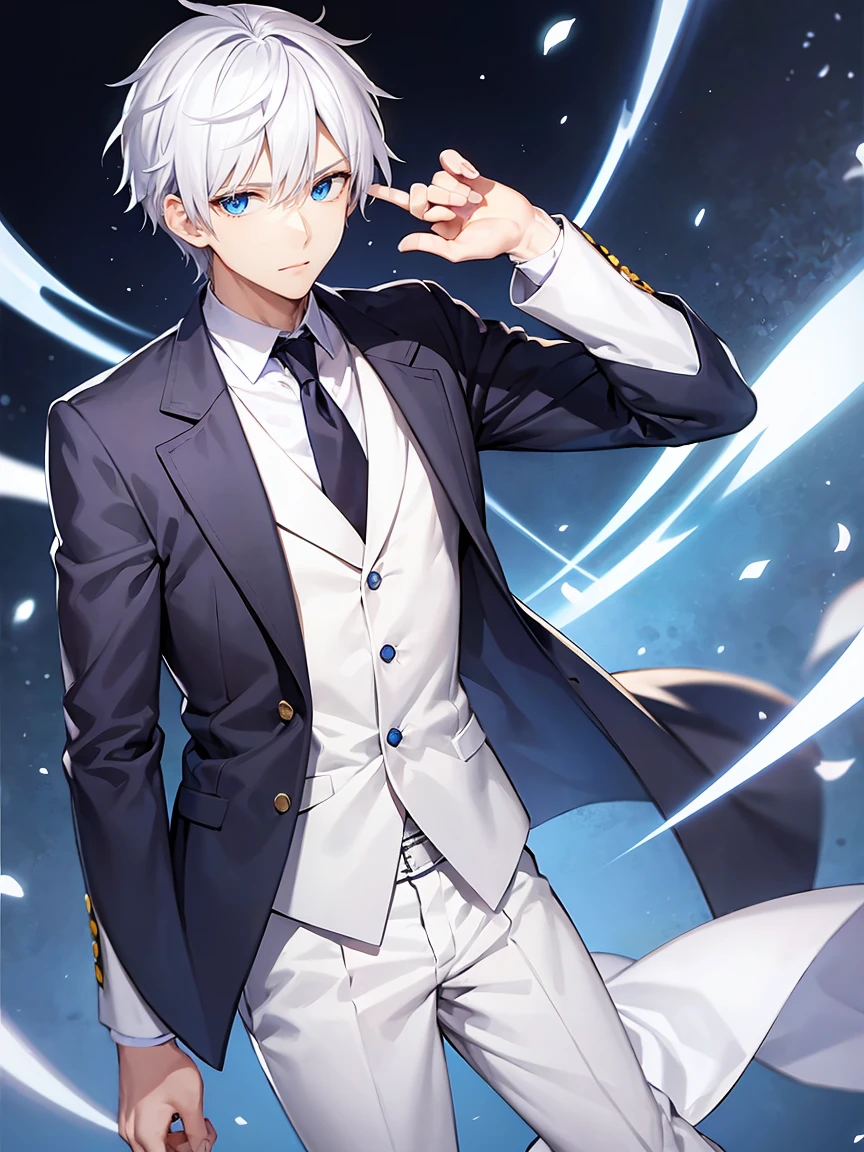 male:2.5、White hair, blue eyes、solo、suit、Cool Background