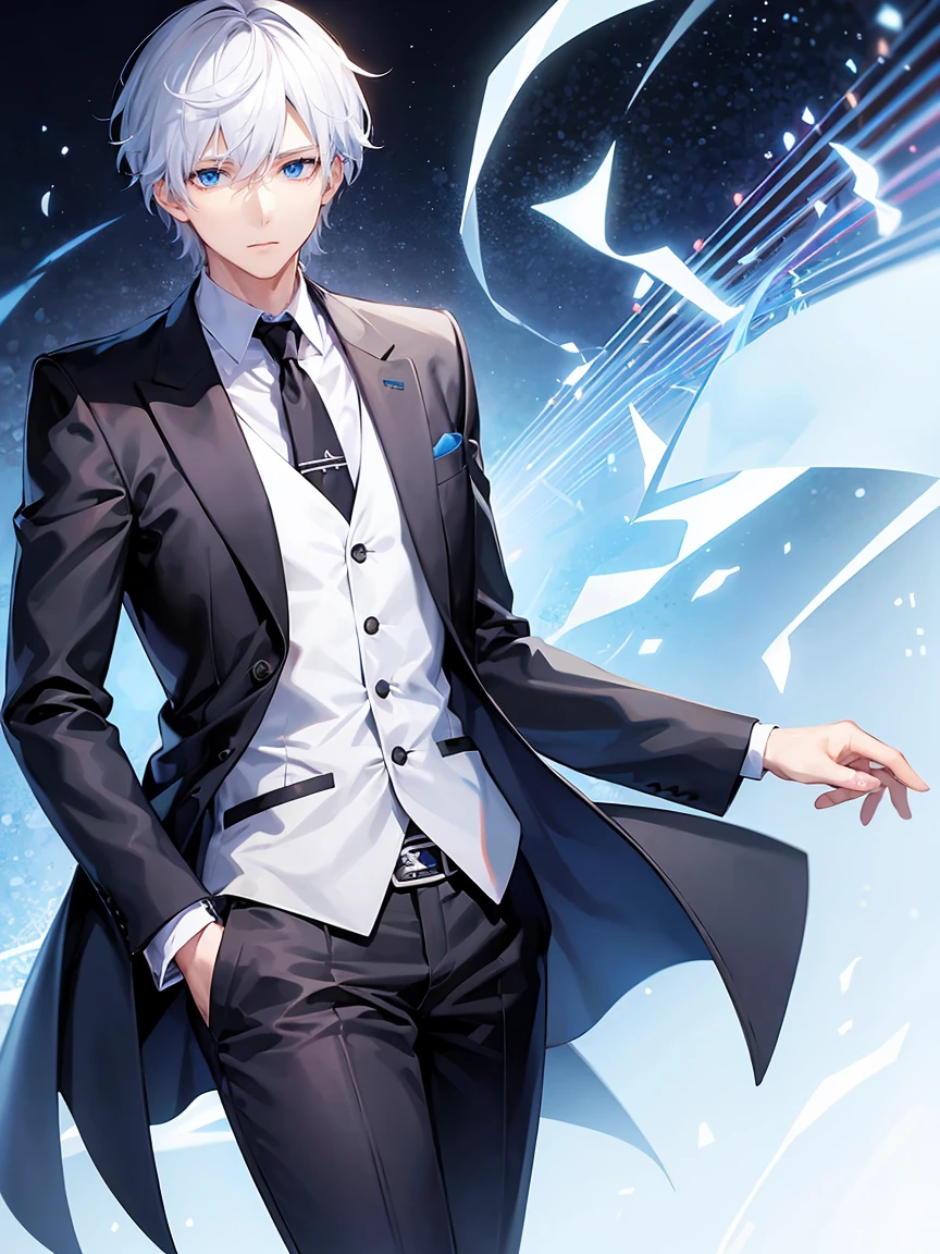 male:2.5、White hair, blue eyes、solo、suit、Cool Background