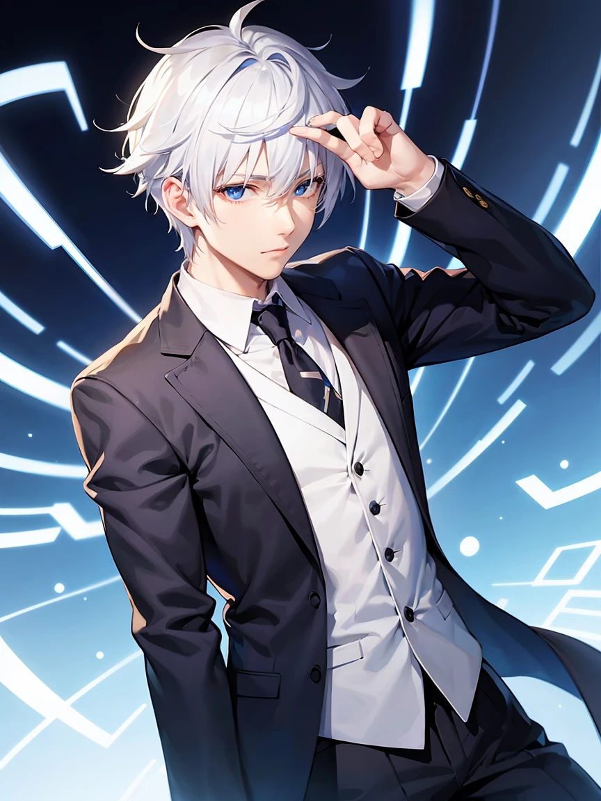 male:2.5、White hair, blue eyes、solo、suit、Cool Background