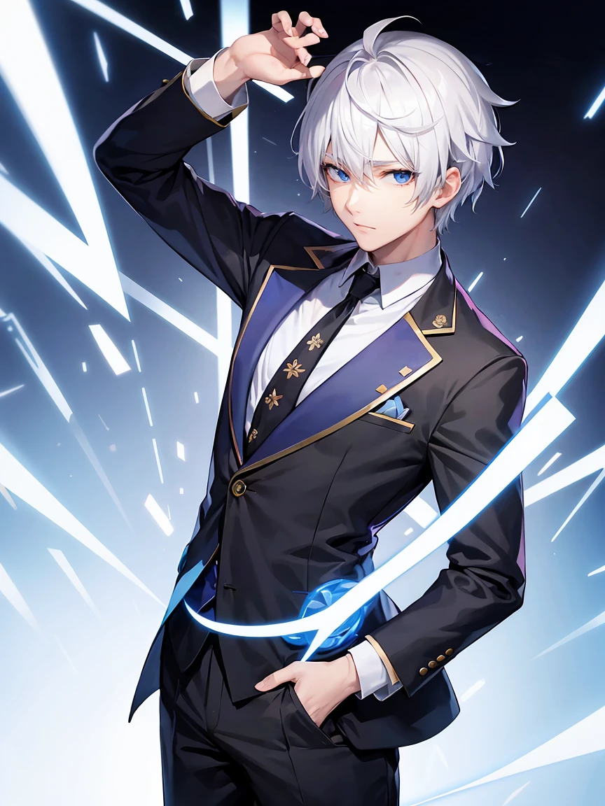 male:2.5、White hair, blue eyes、solo、suit、Cool Background