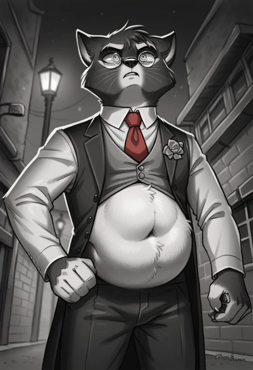 mordecai heller, solo, green sclera, walking in an alleyway, night time, detailed paw hands, ((detailed face, (detailed eyes), by zackarry911, by zaush, (by personalami:0.5), solo, looking away from the viewer, 1boy, male focus, red necktie, glasses, coat, hand on hip, hand holding phone on a call, formal, from below, glasses, suit, grey suit vest, necktie, ((flatcolor)), vore, large vore stomach, person inside of the vore stomach is struggling, black and white fur, white fluffy belly, gurgling belly effect, perfect proportions 