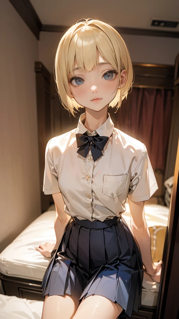 Best quality,fine quality products,detailed,gayaru,slim,blonde bobcut hair,very small breasts,shirt,pleated skirt,in my room