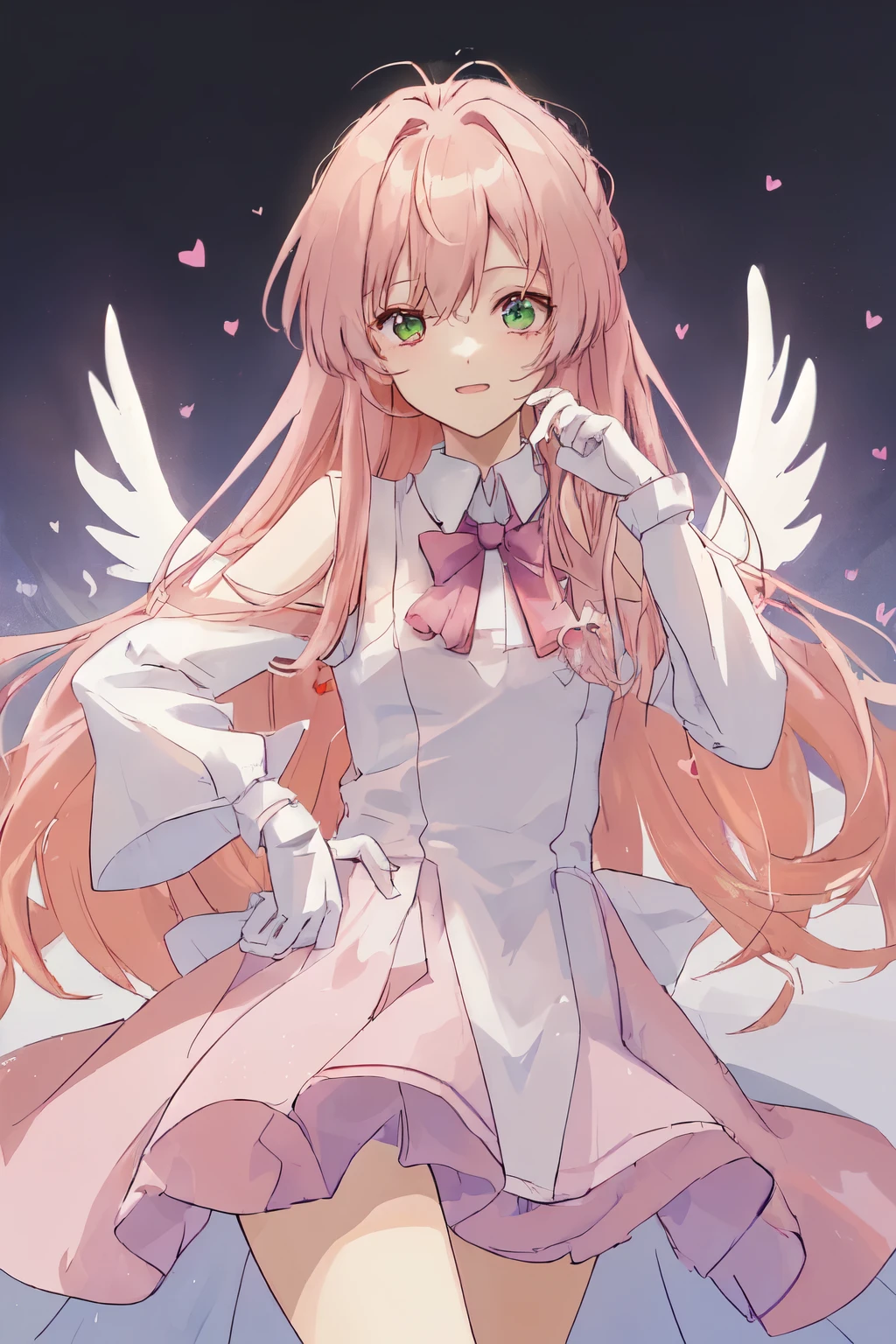 1_girl, (anime, kawai:2), (masterpeice, best_quality, clean:1.5), (sky_background:1.2), (cute, cute_smile, young:1.5), (delicate, beautiful, thin:1.5), (girlfriend, angel:1.8), (green_eyes, simple_eyes:1.5) (long_hair, blond_hair, wearing_pink_dress, pink_angel_wings, sexy_gloves:1.5), extremely_delicate, (love_magic:1.5), (age_size_fits_body), (small_thighs:1.3), (breasts), (eye_level:1.3), (heart_magic, love:1.5)