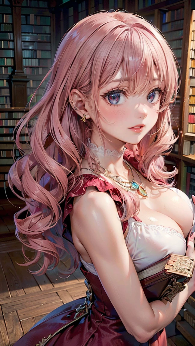 (Masterpiece, BestQuality:1.3), (ultra detailed:1.2), (hyperrealistic:1.3), (RAW photo:1.2), High detail RAW color photo, professional photograph, (Photorealistic:1.4), (realistic:1.4), (Pink Hair:1.5), professional lighting, perfect anatomy, (Big Breasts:1.2), (blush, detailed face), (A happy smile:1.7), Trending Hair&Trending Hairカラーをランダムに, earrings, necklace, bracelet, sexly, erotic sexly, Random sexy gravure poses, (Beautiful woman in a red dress、In a historic library、Holding a book and smiling seductively、Wavy hair flowing down her back。:1.3)