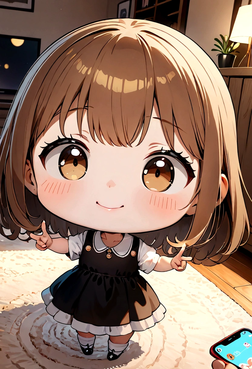 ((1girl)), chibi, big head, tiny, super fine illustration, vibrant colors, absurdres extremely detailed CG, 8k wallpaper, (masterpiece:1.3), dynamic angle, dynamic pose,
best quality, depth of field, cinematic lighting, ultra detailed, brown long hair, very straight hair, large breast, white knit dress , 20yo, cute, very baby face, brown eyes, kawaii, smile, droopy eyes, arms at sides, smartphone, modern living room, peace fingers, Hold your smartphone in your hand、The screen is facing you