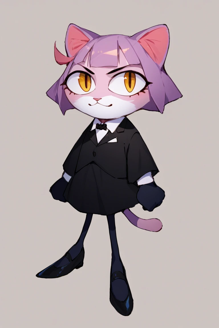 solo female ,furry ,tuxedo catA Japanese girl with yellow eyes, black fringes cut in a bob hairstyle,black long gloves ,random outfit ,TUXEDO CAT