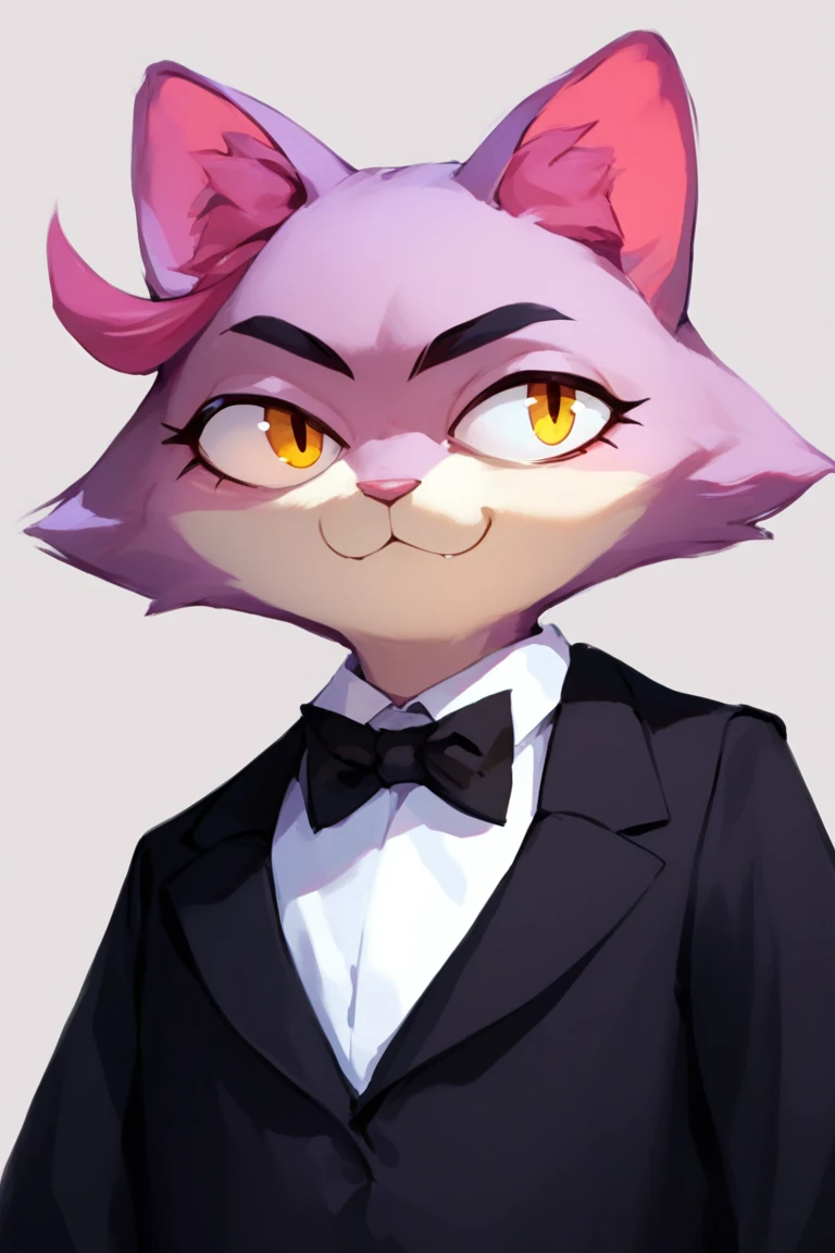solo female ,furry ,tuxedo catA Japanese girl with yellow eyes, black fringes cut in a bob hairstyle,black long gloves ,random outfit ,TUXEDO CAT