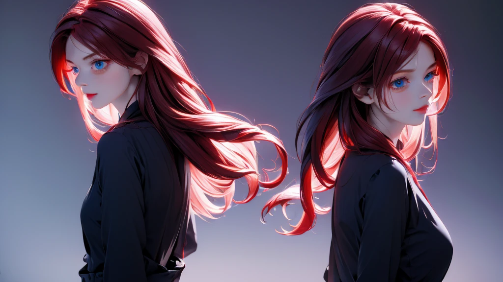 1 girl, medium light red hair, light blue eyes, wearing Black suit, night TOWN 4D , absurdres, high res, ultrasharp, 8K, masterpiece, looking from behind