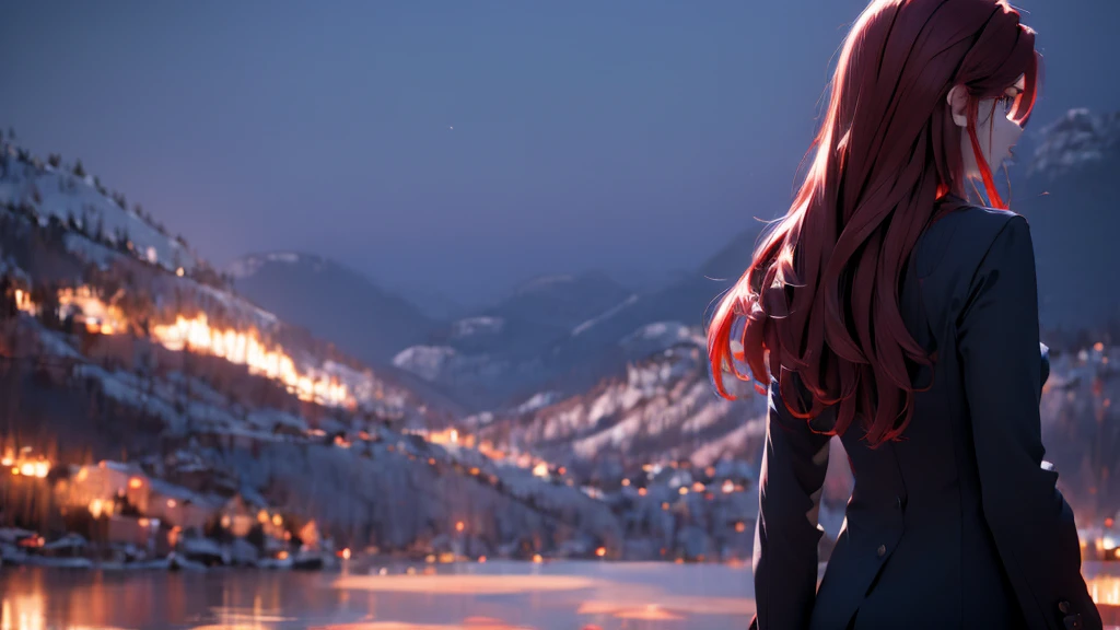 1 girl, medium light red hair, light blue eyes, wearing Black suit, night TOWN 4D , absurdres, high res, ultrasharp, 8K, masterpiece, looking from behind