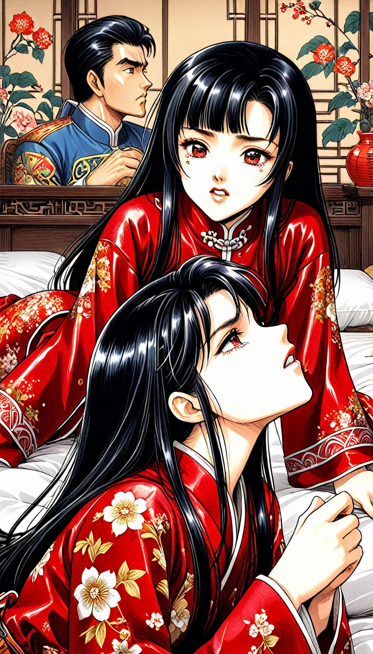 8k Tragic historical drama in live-action style: Beautiful palace secrets　Beautiful 10 year old Chinese Kung Fu princess with long black hair is forced to give a hard blowjob　Gorgeous embroidery, Ultra glossy, She is wearing a shiny red top and bottom long sleeve floral pajama kung fu suit....　　She cries loudly and is laid down on a floral futon to give the emperor a blowjob.