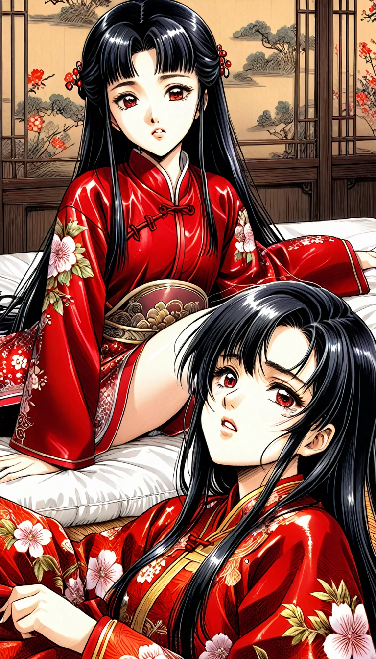 8k Tragic historical drama in live-action style: Beautiful palace secrets　Beautiful  Chinese Kung Fu princess with long black hair is forced to give a hard blowjob　Gorgeous embroidery, Ultra glossy, She is wearing a shiny red top and bottom long sleeve floral pajama kung fu suit....　　She cries loudly and is laid down on a floral futon to give the emperor a blowjob.