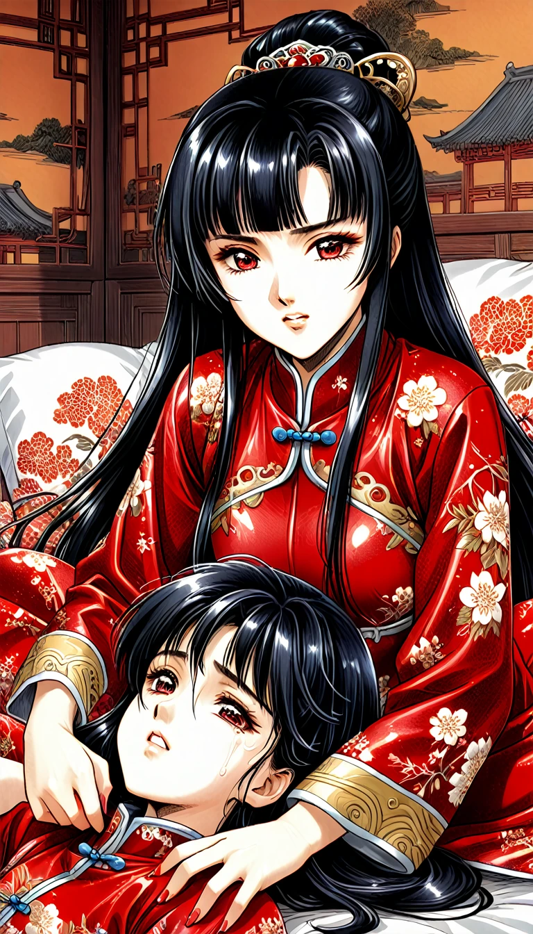 8k Tragic historical drama in live-action style: Beautiful palace secrets　Beautiful 10 year old Chinese Kung Fu princess with long black hair is forced to give a hard blowjob　Gorgeous embroidery, Ultra glossy, She is wearing a shiny red top and bottom long sleeve floral pajama kung fu suit....　　She cries loudly and is laid down on a floral futon to give the emperor a blowjob.