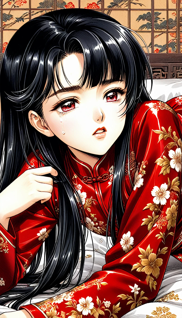 8k Tragic historical drama in live-action style: Beautiful palace secrets　Beautiful 10 year old Chinese Kung Fu princess with long black hair is forced to give a hard blowjob　Gorgeous embroidery, Ultra glossy, She is wearing a shiny red top and bottom long sleeve floral pajama kung fu suit....　　She cries loudly and is laid down on a floral futon to give the emperor a blowjob.