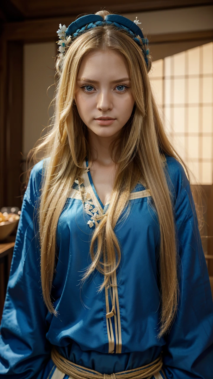 (masterpiece), high-definition Hanfu women, European and American face, perfect face, long blonde hair, blue eyes, very charming.