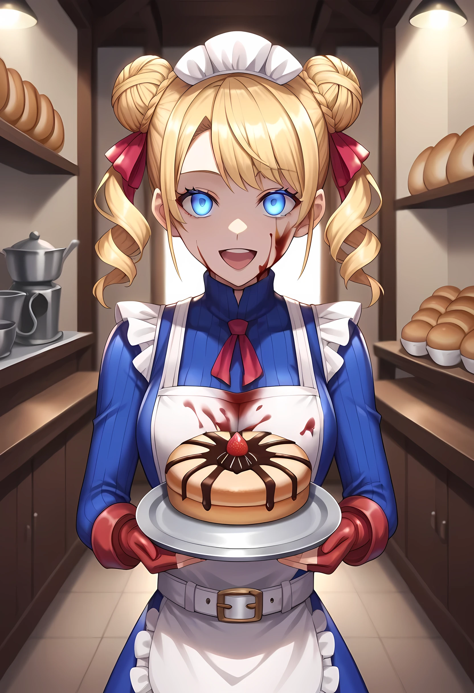 blood, bloody, blood on clothes, blood on apron,