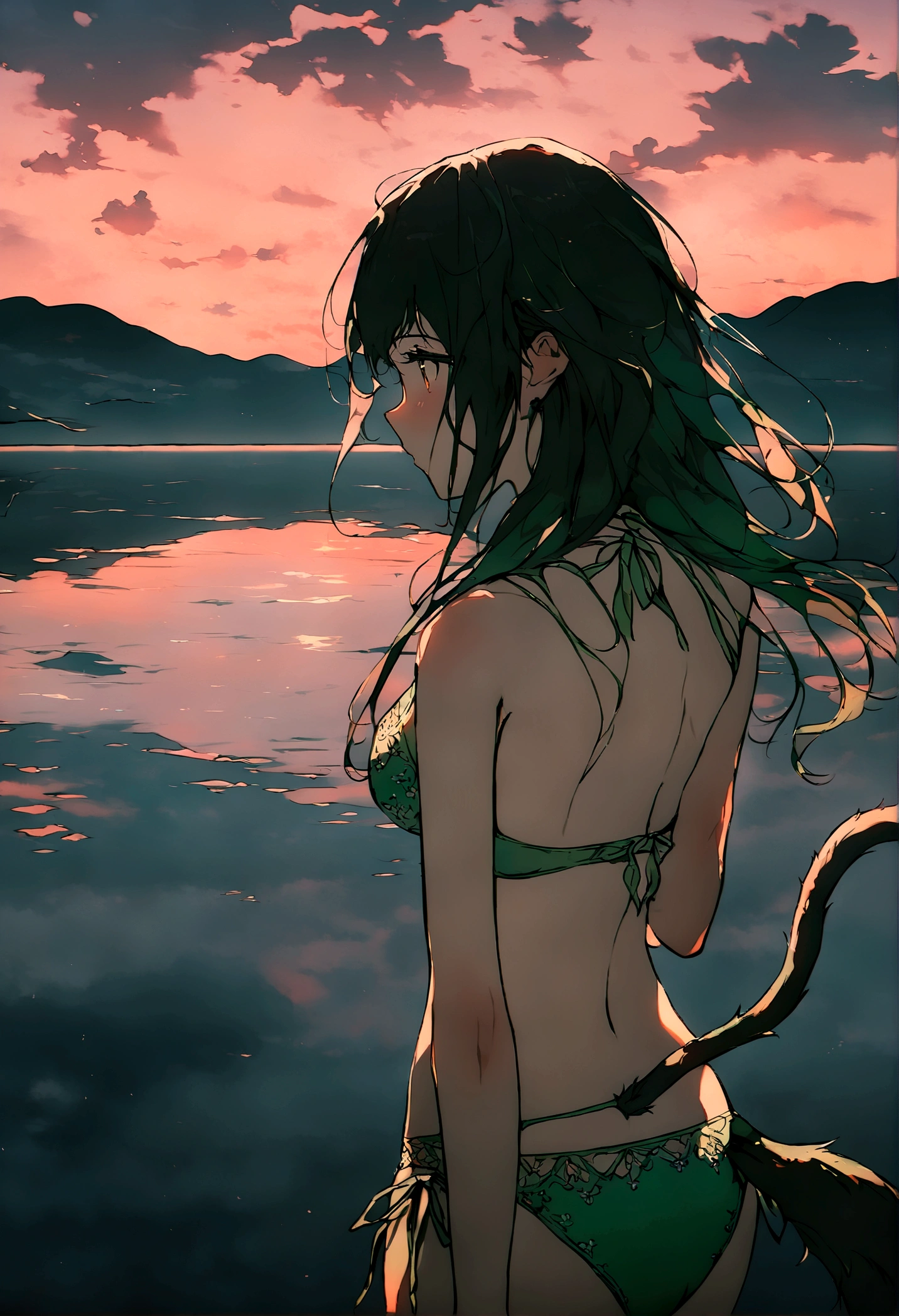 (maximum quality image, masterpiece), detailed landscape, tranquil lake (reflecting the vibrant sky at dusk),nuances of colors,quiet. Rei Miyamoto from Highschool of the Dead Two bangs of hair at the top of the head a little tail of hair at the back of the head green bikini 