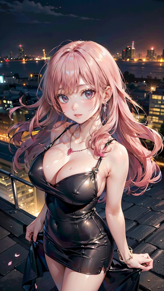 (Masterpiece, BestQuality:1.3), (ultra detailed:1.2), (hyperrealistic:1.3), (RAW photo:1.2), High detail RAW color photo, professional photograph, (Photorealistic:1.4), (realistic:1.4), (Pink Hair:1.5), professional lighting, perfect anatomy, (Big Breasts:1.2), (blush, detailed face), (A happy smile:1.7), Trending Hair&Trending Hairカラーをランダムに, earrings, necklace, bracelet, sexly, erotic sexly, Random sexy gravure poses, (Beautiful woman in a tight black dress、City rooftop with night view in the background、Sexy smile、Standing with her long hair fluttering in the wind。:1.3)