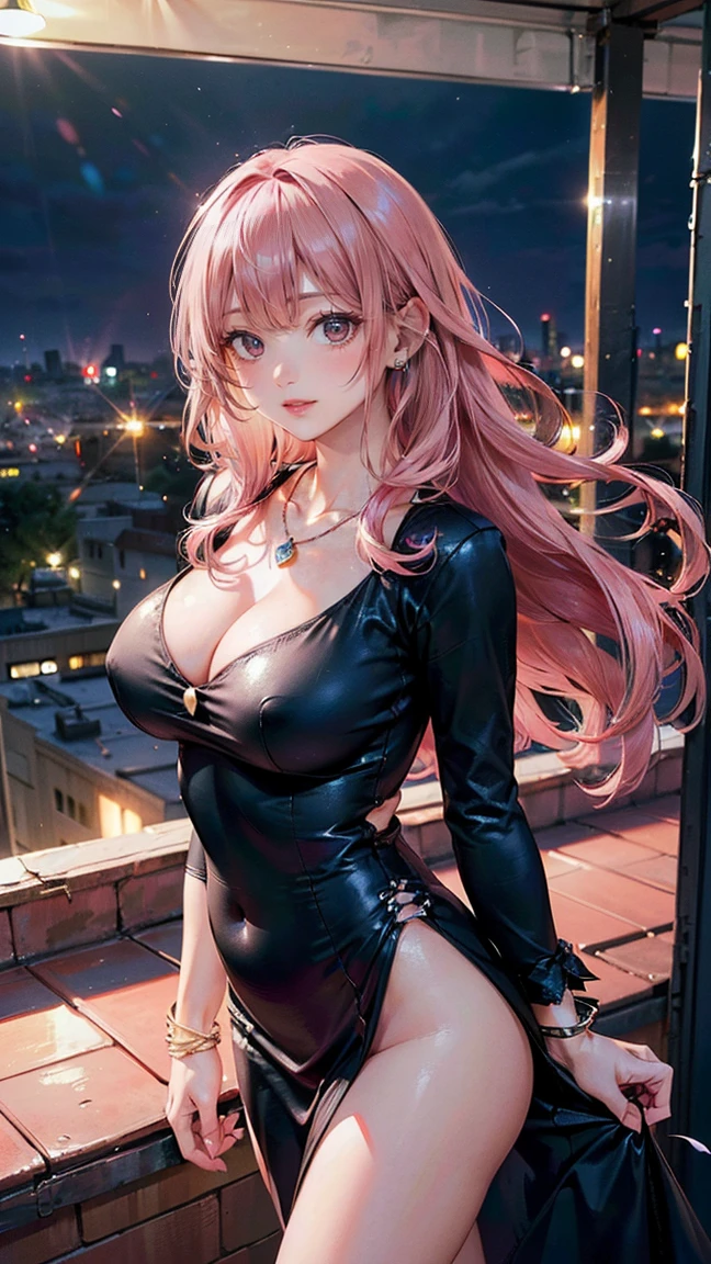 (Masterpiece, BestQuality:1.3), (ultra detailed:1.2), (hyperrealistic:1.3), (RAW photo:1.2), High detail RAW color photo, professional photograph, (Photorealistic:1.4), (realistic:1.4), (Pink Hair:1.5), professional lighting, perfect anatomy, (Big Breasts:1.2), (blush, detailed face), (A happy smile:1.7), Trending Hair&Trending Hairカラーをランダムに, earrings, necklace, bracelet, sexly, erotic sexly, Random sexy gravure poses, (Beautiful woman in a tight black dress、City rooftop with night view in the background、Sexy smile、Standing with her long hair fluttering in the wind。:1.3)