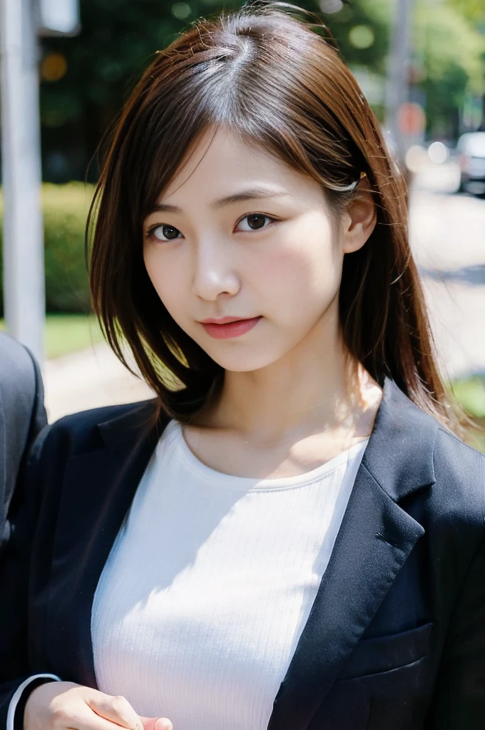 Portrait of a Japanese girl,alone,20-year-old,Beautiful Face,Upper Body,Hair on one eye,Medium Sidecut, Blonde, Sharp focus,Black business suit