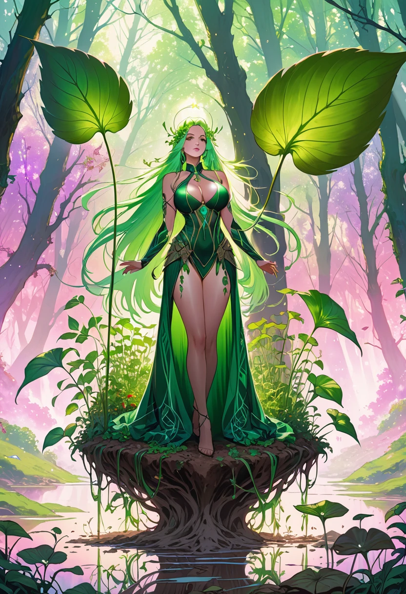 divine beautiful dlyad girl, long green hair, large breasts, full body, personified, fantasy, excellent lighting, excellent anatomy, leaves, weeds, sprouts, trees, soil, ethereality, psychedelic, masterpiece