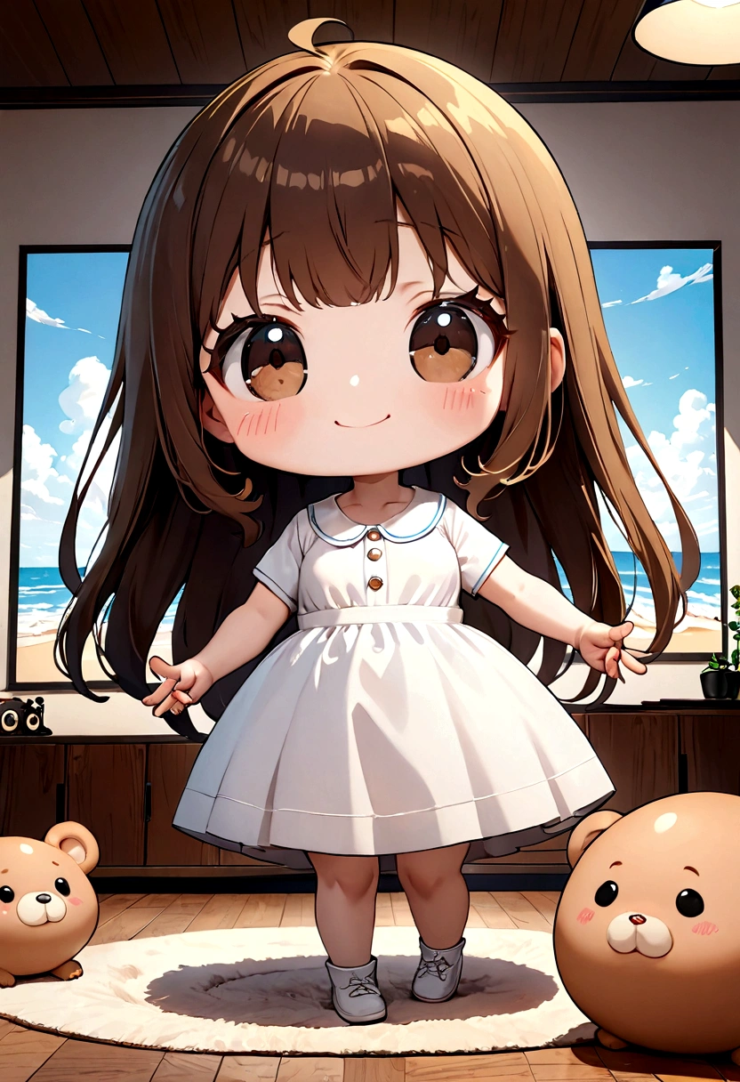 ((1girl)),  chibi, big head, tiny, super fine illustration, vibrant colors, absurdres extremely detailed CG, 8k wallpaper, (masterpiece:1.3), dynamic angle, dynamic pose, 
best quality, depth of field, cinematic lighting, ultra detailed, brown long hair, very straight hair, large breast, white knit dress , 20yo, cute, very baby face, brown eyes, kawaii, smile, droopy eyes, arms at sides, smartphone, modern living room, peace fingers, Hold your smartphone in your hand、The screen is facing you