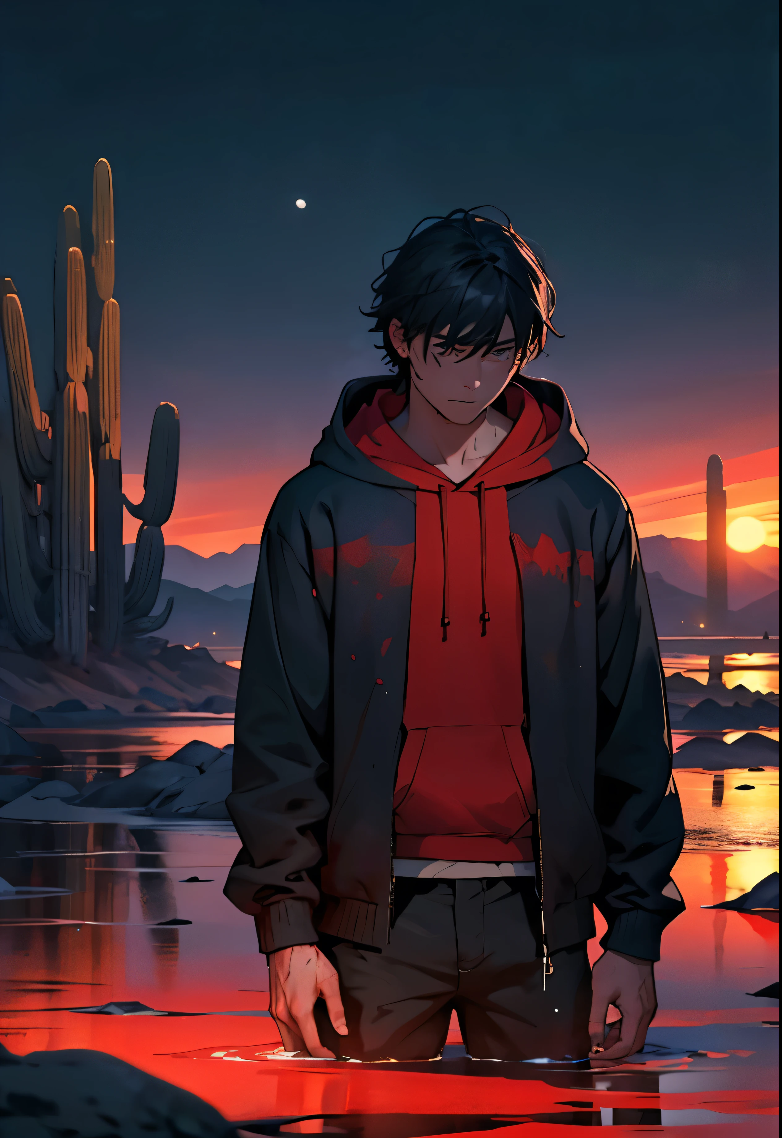 the setting is a desert landscape at midnight. there is a lake and there is a man in a dark blue hoodie in it. the water is red and bloody and the man is stained with blood. His hands are stained with blood, and he looks at them in terror. focused on bust, moon