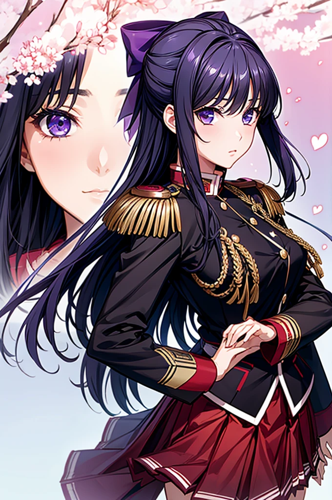 Akane Ryuuzouji、Black jacket uniform、Red pleated skirt、Epaulettes、Right shoulder to chest ornament、Purple head ribbon、Right facing