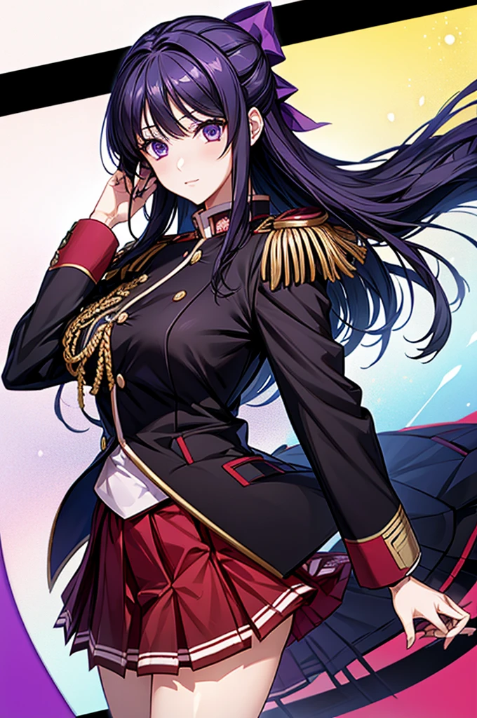 Akane Ryuuzouji、Black jacket uniform、Red pleated skirt、Epaulettes、Right shoulder to chest ornament、Purple head ribbon、Right facing