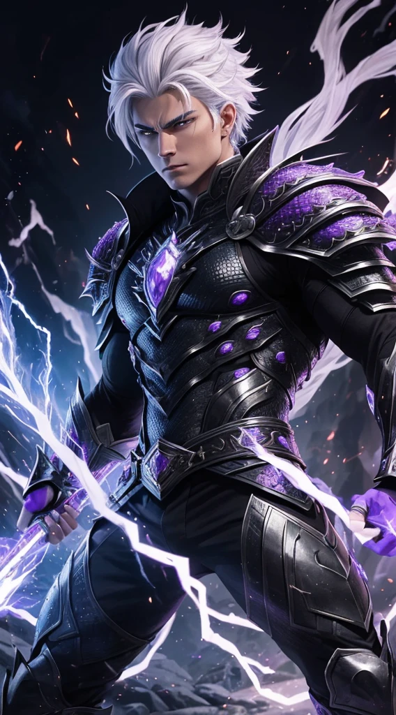 "A vision of strength and power, the young warrior with white hair commands attention with his handsome face and piercing, fiery eyes. His full body armor, inspired by dragon scales, shimmers with the intensity of hell fire and crackles with purple black lightning, a true embodiment of his fierce spirit." black color