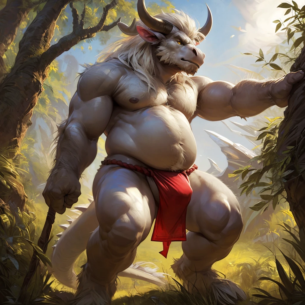ultra-detailed, masterpiece, masterwork, high quality, best quality, hdr, (nature), posted on e621, (by darkgem), nsfw, male, solo, ((nude, fundoshi)), (white body minotaur), hairy dragon, (white chubby body), (long golden hair, yellow eyes), standing, dynamic angle