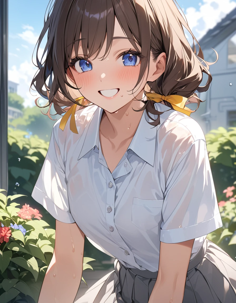 (Highest qualityのイラスト:1.2), (pretty girl:1.1), (1 girl、、Highest qualityのイラスト:1.2), (1 girl、smile、Small breasts、blue eyes)、Brown Hair、short hair、Wavy Hair、Curly Hair、Low Twintails、(Highest quality、Very detailed、Very detailed and beautiful、Ultra-high resolution) 、,{、White business shirt、Short sleeve、Yellow Ribbon、Grey pleated skirt}、garden、blue sky、summer、Sweat、See-through