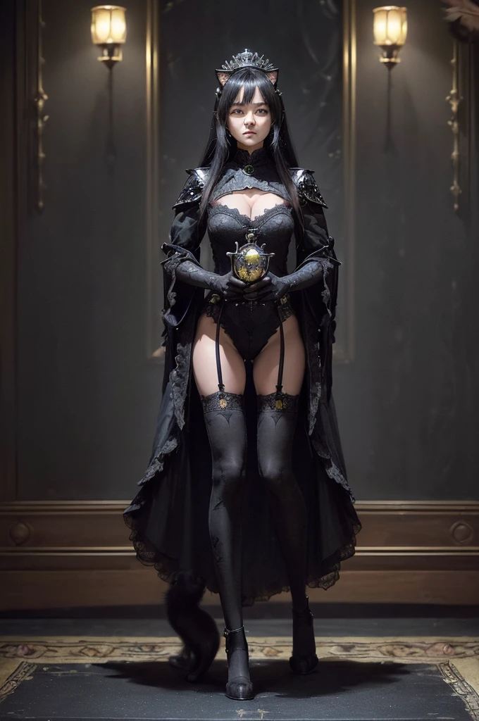 (Numerous award-winning masterpieces, Incredible detail, Texture and maximum detail), (hyper Realistic:1.4), (Black cat:0.4), (Three-haired cat: 1.5), (Cat royalty:1.4), ( A real cat standing on its hind legs: 1.6), (Realistic:1.3), (Highest quality Realistic texture fur), (Upper body close-up:0.4), (Full body standing cat image:1.8), (In detail, Perfect round cat eyes), (Glow in the dark eyes:1.5), (Graceful and beautiful cat face: 1.6), ((The medieval world)), (Noble Cat King:1.4), (A real cat walking on two legs: 1.8), (Royal Palace Noble Room、A beautiful gemstone ball at your feet:1.8), (Intricately decorated full body armor), (There are countless scratches on the armor, but、thatは繊細に装飾されています: 1.5), (Crown on head: 1.5), (Real cat full body portrait:1.8), ((look up)), ((Look down)), (Emits a monster-like light、Hold the hilt of an exquisitely decorated black longsword:1.7), (Dramatic Pose), Black Web Robe, Spider on Armor, (Strong cat king fighting enemies), (敵と戦うNoble Cat King), Fantasy, ((Dramatic Photos)), ((Dynamic Photography)), (Full body image), Very detailed, ultra-Realistic, Intricate details, Painting (artwork), ((masterpiece,Highest quality)), ((Cinematic light)), hyper Realistic, that'terrible, dark Fantasy , Armor with great attention to detail, Detailed helmet, epic Realistic, Faded, ((Neutral Color)), art, (High resolution:1.5), (Calm colors:1.2), Very detailedな, (art station:1.5), Cinematic, Warm Light, Light effects, Dramatic Light, (Intricate details:1.1), Complex background, (Greg Rutkowski:0.8), (blue green and orange:0.4), Old Remains overgrown with plants, Remains, Crumbling Ruins, Twilight, sunset, evening, battlefield, Bioluminescence, (Cat punch),