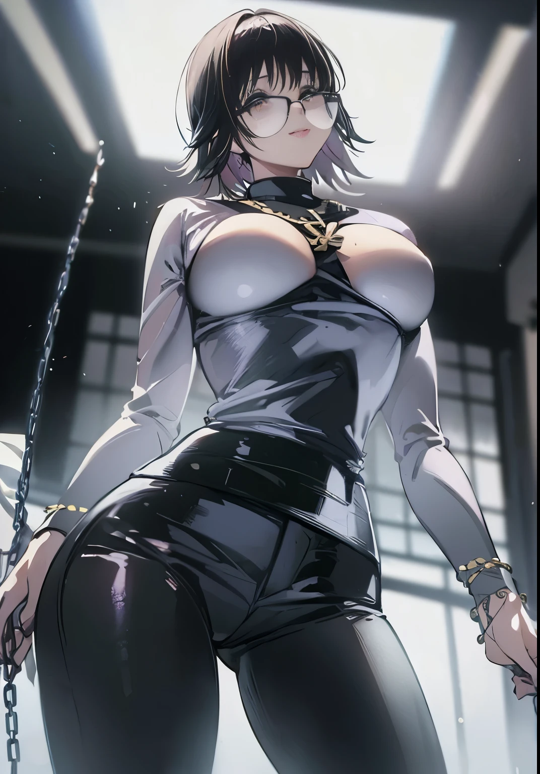 shizuku_murasaki tight black sweater, big breasts, golden cross necklace, cute smile, phantom troupe spider tattoo, black pants